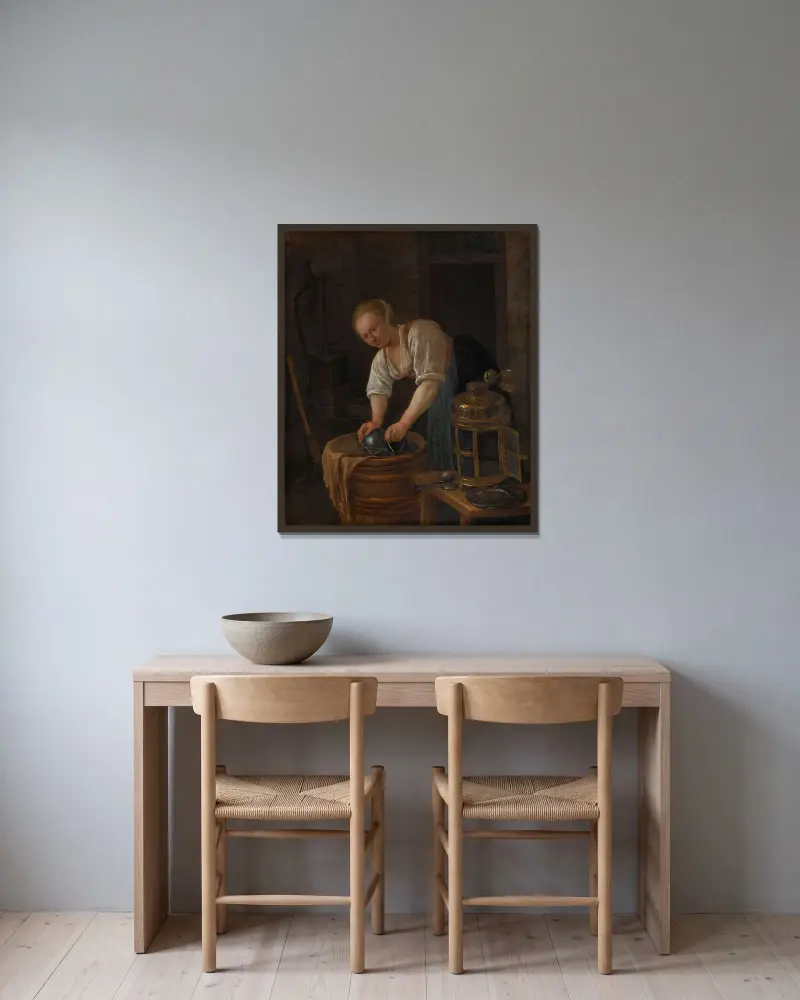 Kvinna skurar metallkärl av Jan Steen inramad på en vägg