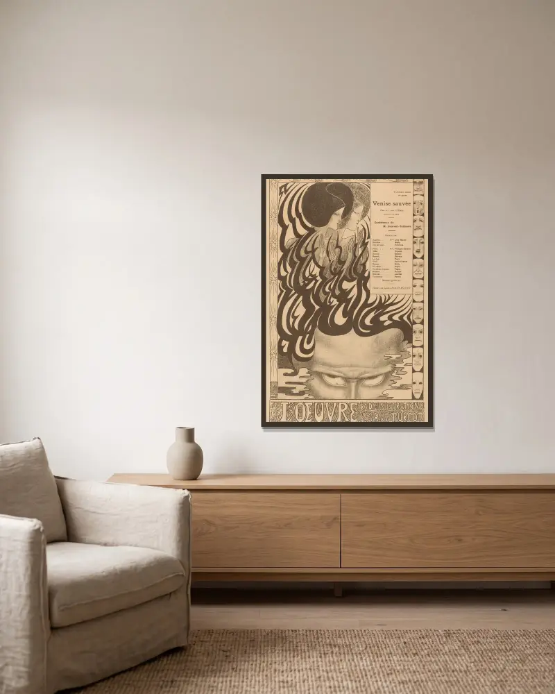 Affiche voor het toneelstuk Vénise sauvée van Thomas Otway av Jan Toorop inramad på en vägg