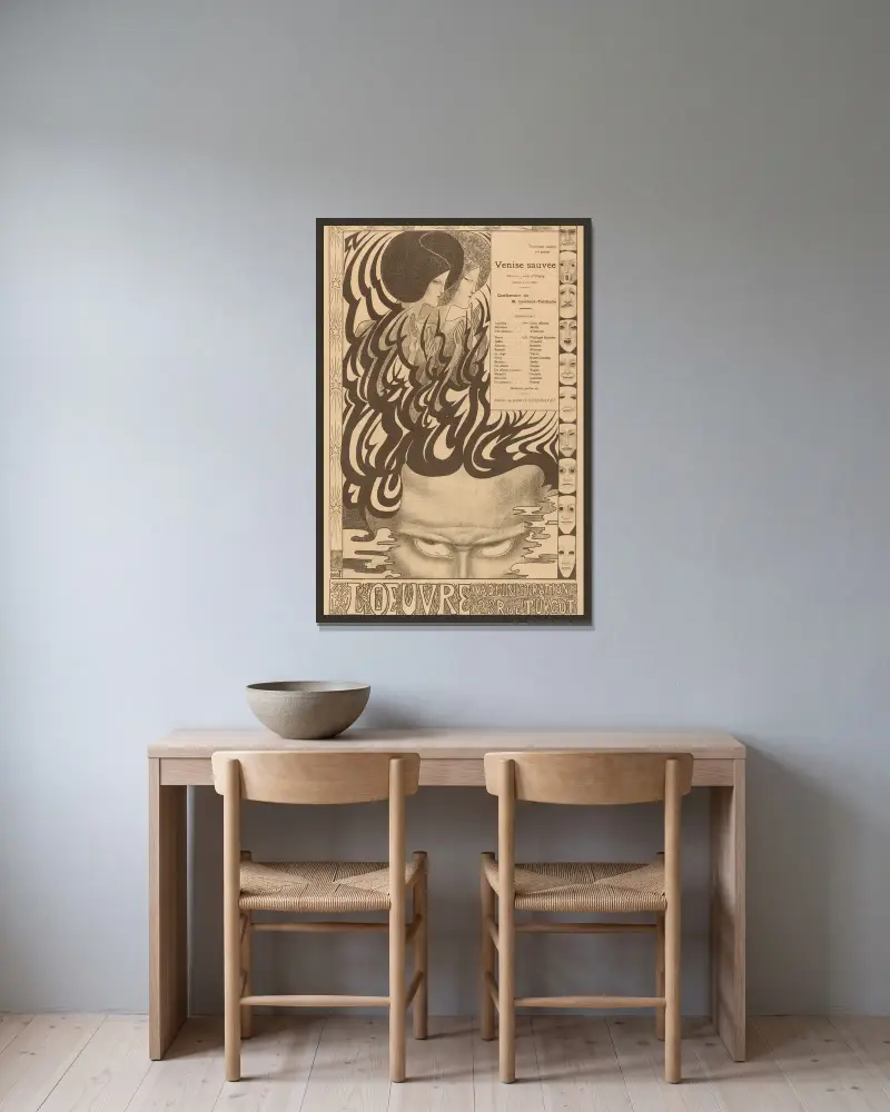 Affiche voor het toneelstuk Vénise sauvée van Thomas Otway av Jan Toorop inramad på en vägg