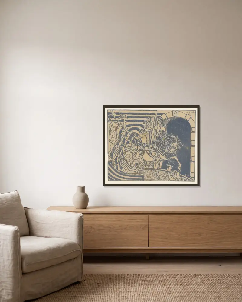 Katalogomslag med riddare till häst av Jan Toorop inramad på en vägg