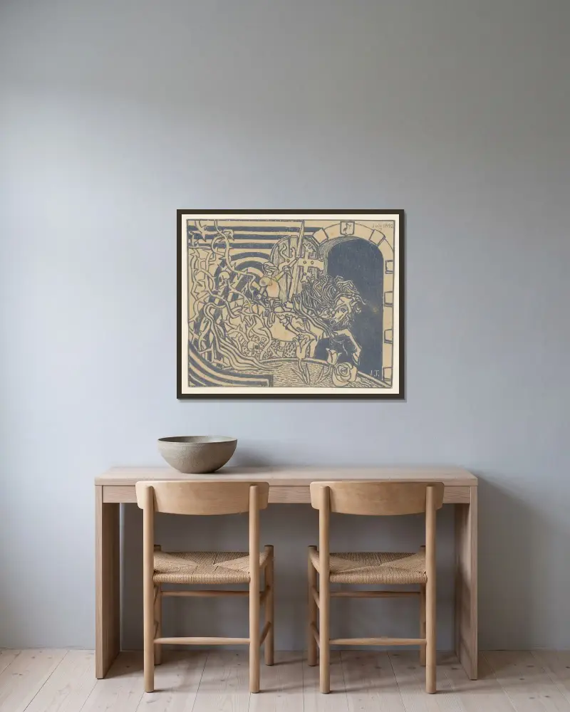 Katalogomslag med riddare till häst av Jan Toorop inramad på en vägg