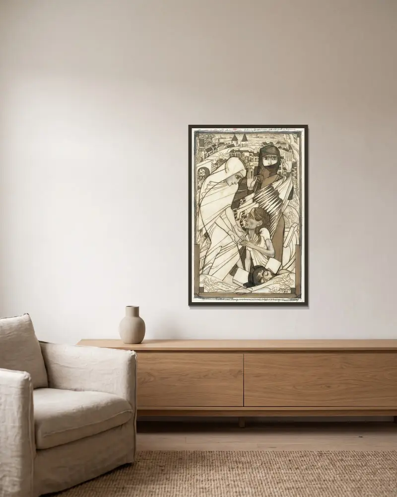 Hjälpinsatsen under översvämningen 1926, symboliskt framställd av Jan Toorop inramad på en vägg