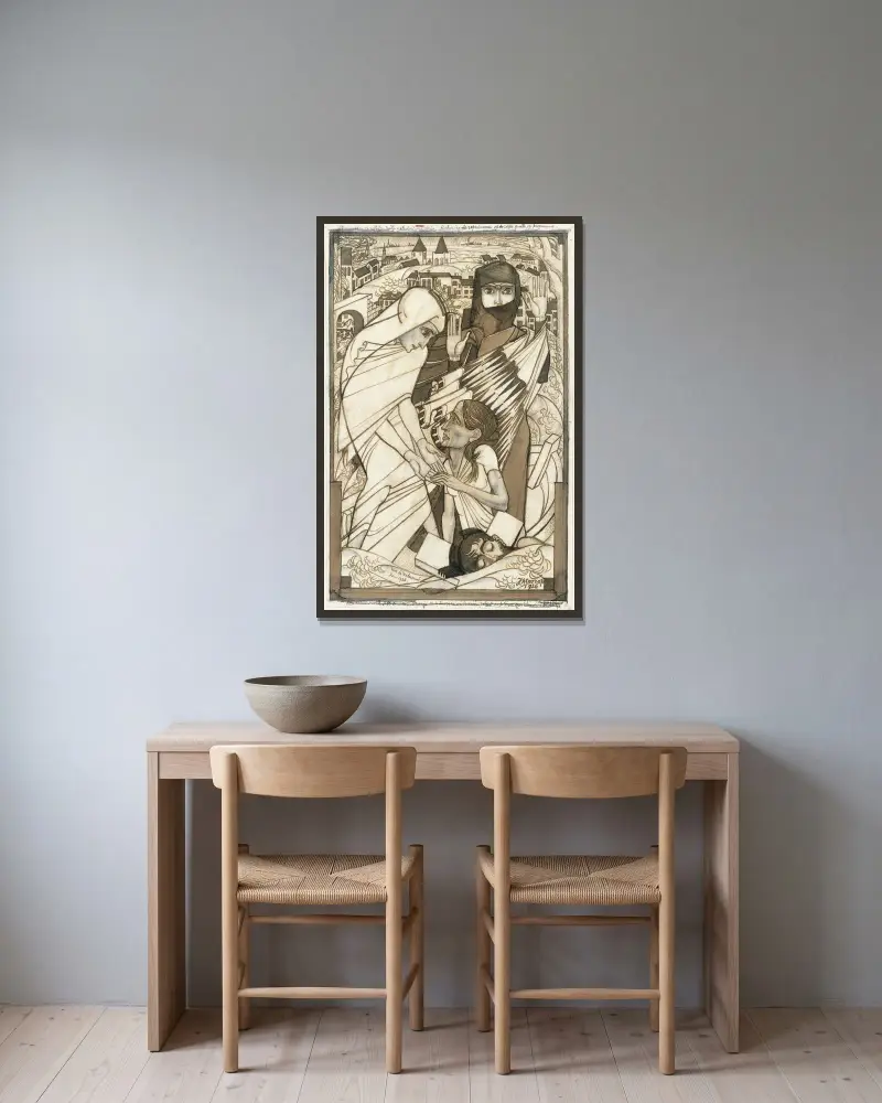Hjälpinsatsen under översvämningen 1926, symboliskt framställd av Jan Toorop inramad på en vägg