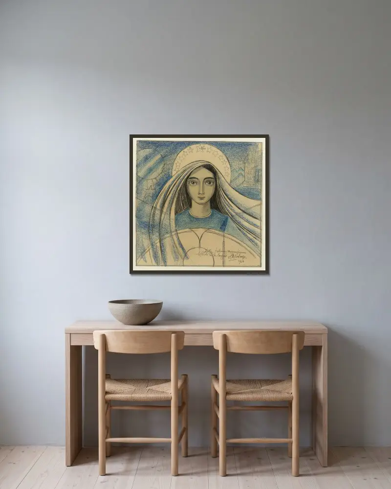 Detailontwerp van een vrouwenhoofd voor een affiche voor het Internationaal Eucharistisch Congres gehouden te Amsterdam van 22-27 juli 1924 av Jan Toorop inramad på en vägg