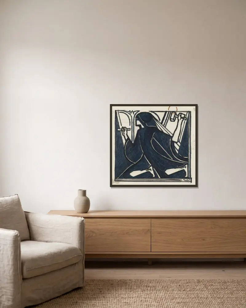 Knäböjande figur med hammare och mejsel av Jan Toorop inramad på en vägg