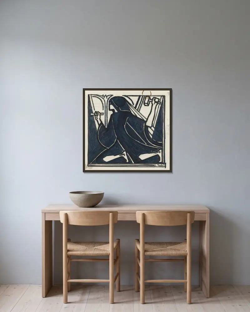 Knäböjande figur med hammare och mejsel av Jan Toorop inramad på en vägg