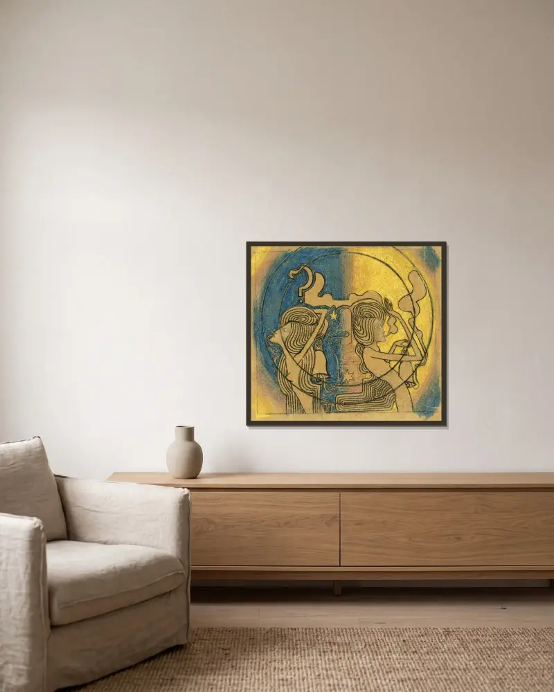 Två stiliserade kvinnofigurer med klocka i handen av Jan Toorop inramad på en vägg