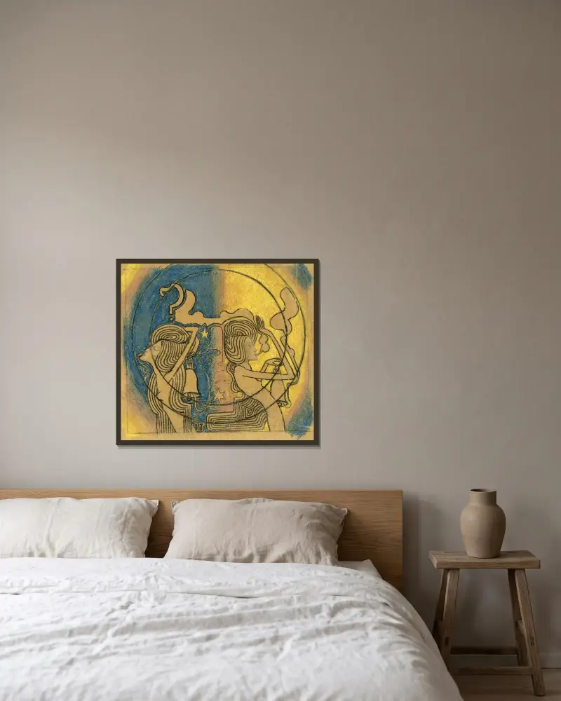Två stiliserade kvinnofigurer med klocka i handen av Jan Toorop inramad på en vägg
