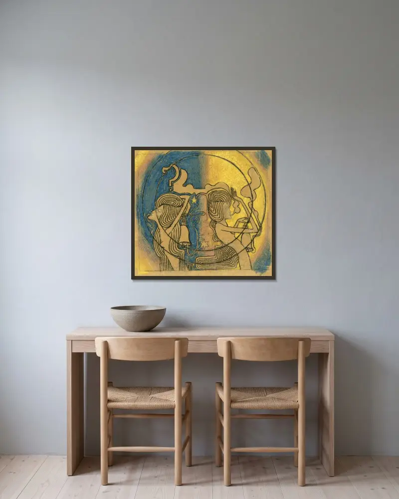 Två stiliserade kvinnofigurer med klocka i handen av Jan Toorop inramad på en vägg