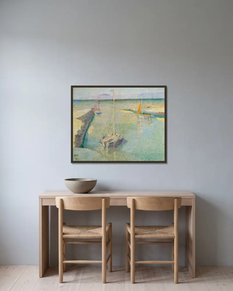 Rhens utlopp eller Katwijks hamn av Jan Toorop inramad på en vägg