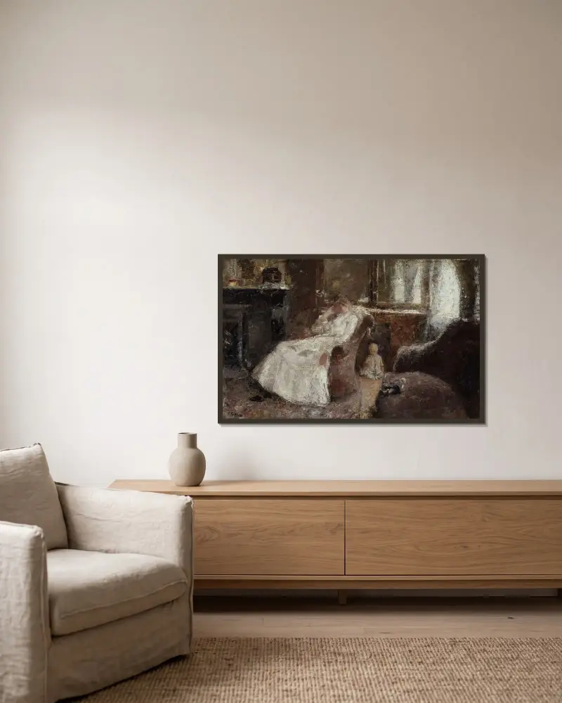Kvinna i vitt av Jan Toorop inramad på en vägg