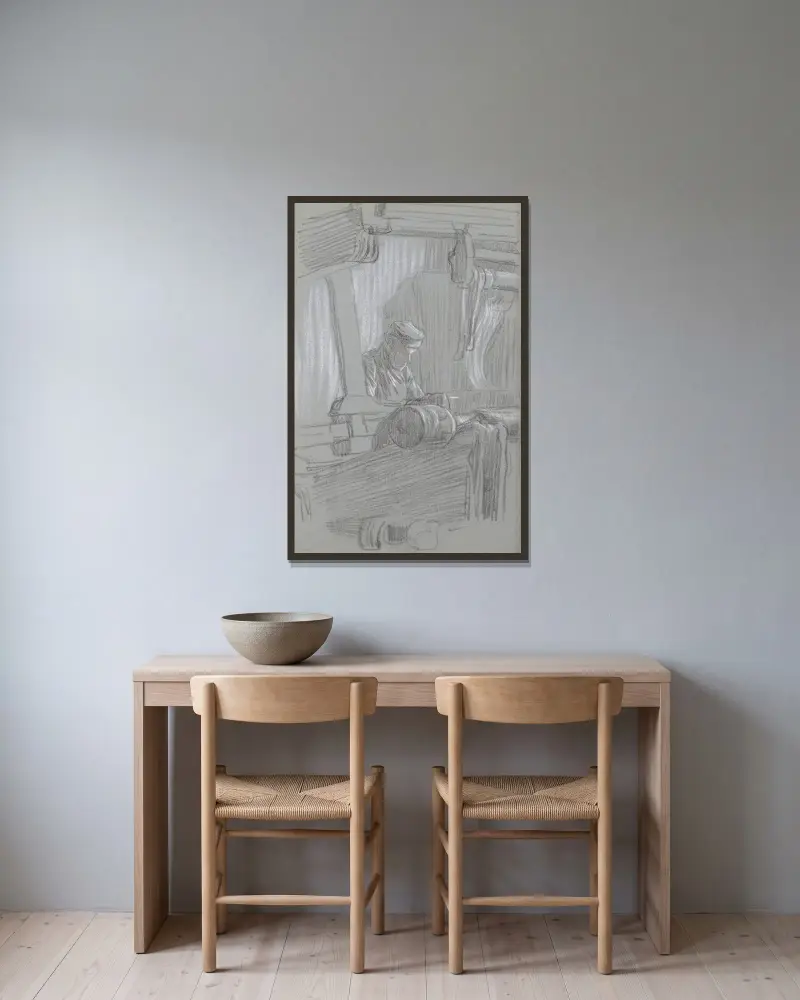 Arbetare vid en vävstol av Jan Veth inramad på en vägg