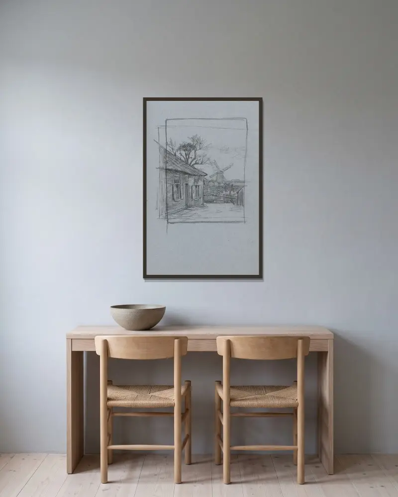 Arbetarhus med köksträdgård och en kvarn i bakgrunden av Jan Veth inramad på en vägg