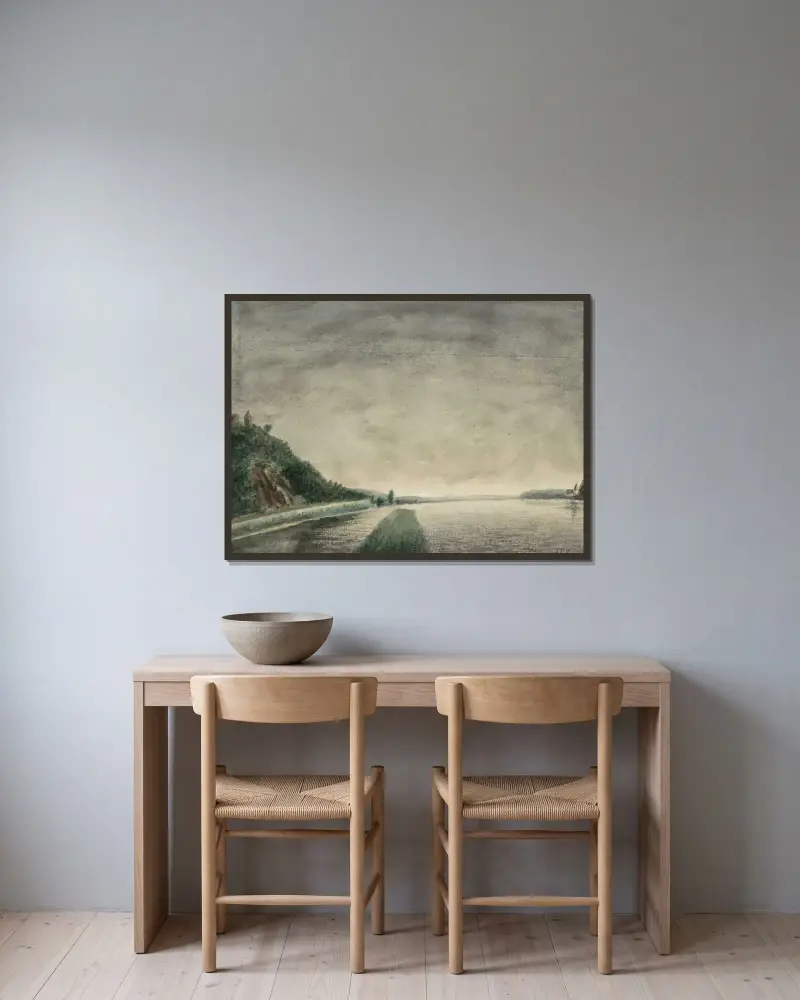 Bergslandskap vid en sjö av Jan Veth inramad på en vägg