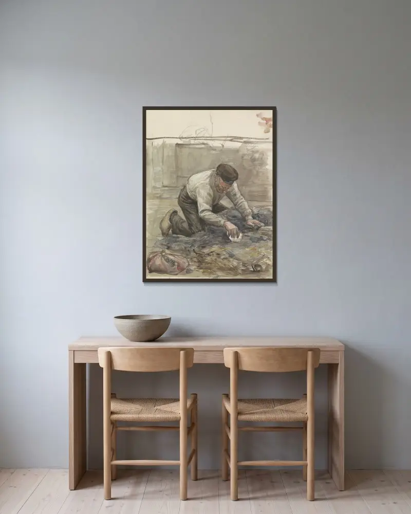 Boer, op zijn knieën av Jan Veth inramad på en vägg