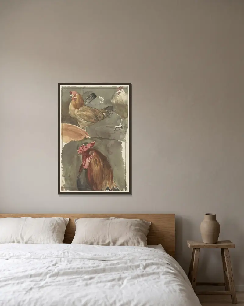 Höna med kycklingar av Jan Veth inramad på en vägg