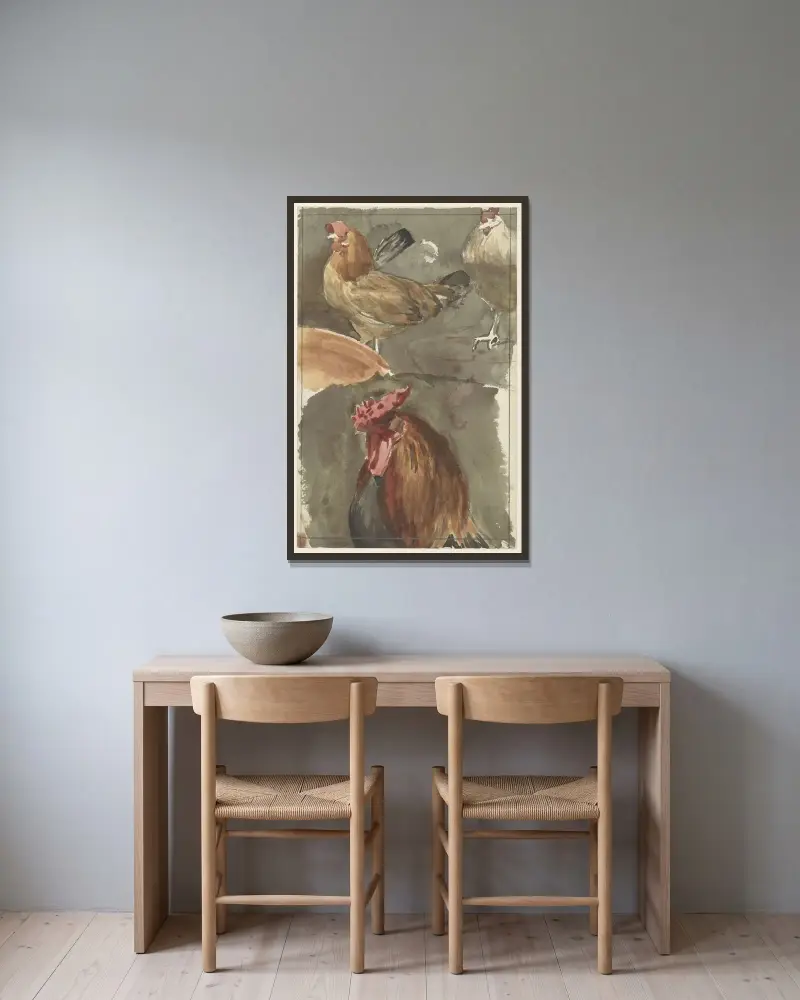 Höna med kycklingar av Jan Veth inramad på en vägg