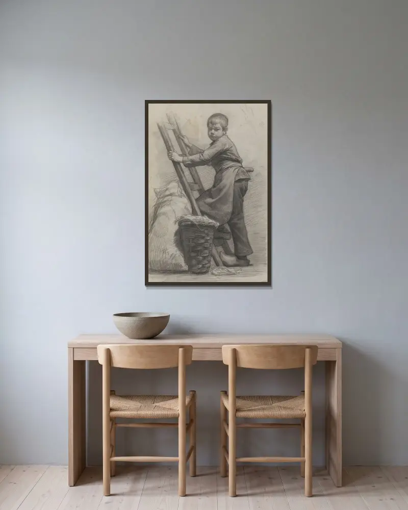 Pojke stående vid en stege och en korg av Jan Veth inramad på en vägg
