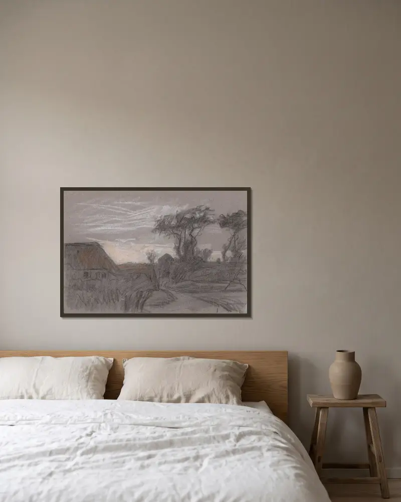 Landskap med träd och en stig längs ett hus av Jan Veth inramad på en vägg