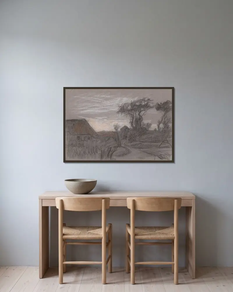 Landskap med träd och en stig längs ett hus av Jan Veth inramad på en vägg