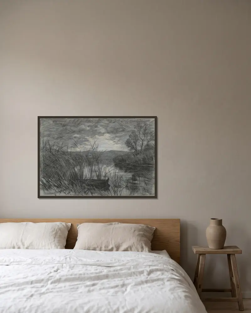 Landskap med en roddbåt bland vassen vid en flod av Jan Veth inramad på en vägg