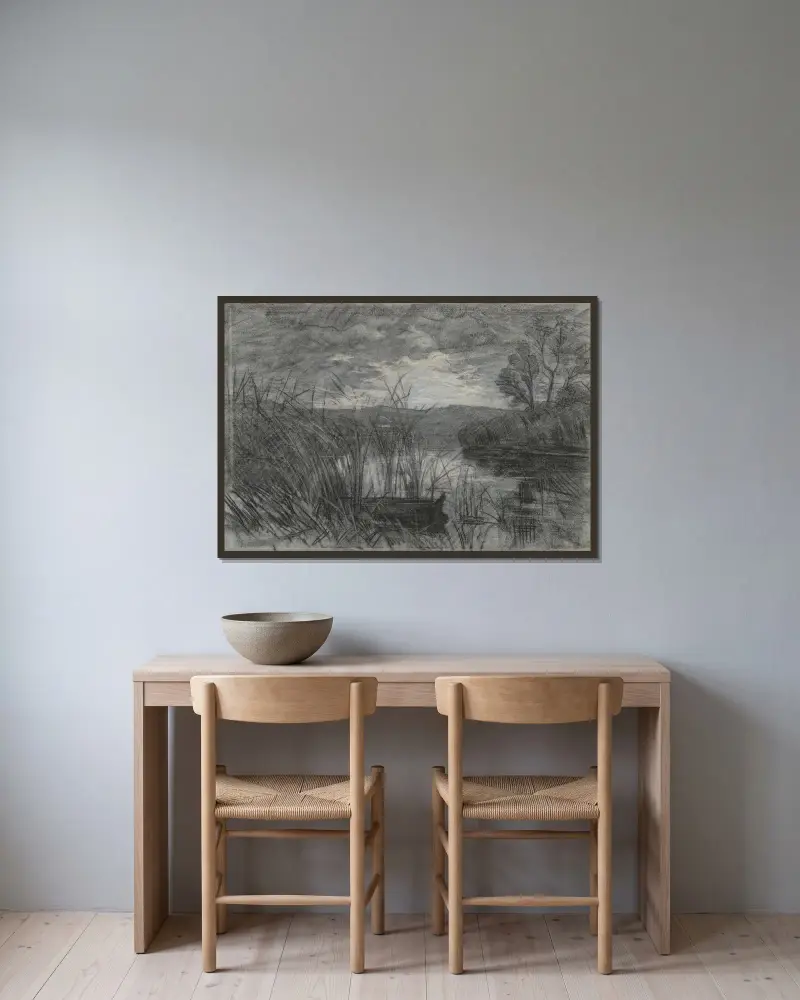 Landskap med en roddbåt bland vassen vid en flod av Jan Veth inramad på en vägg