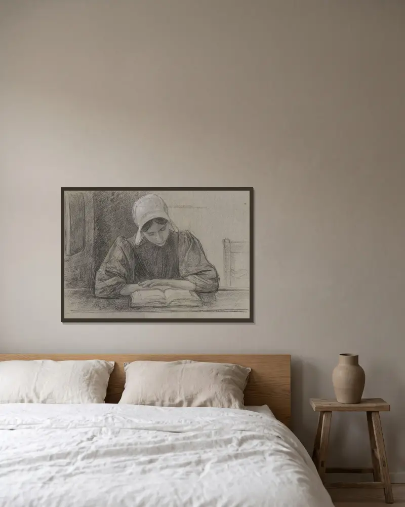 Lesendes Mädchen mit Haube von Jan Veth gerahmt an einer Wand