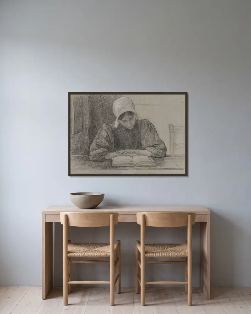 Lesendes Mädchen mit Haube von Jan Veth gerahmt an einer Wand