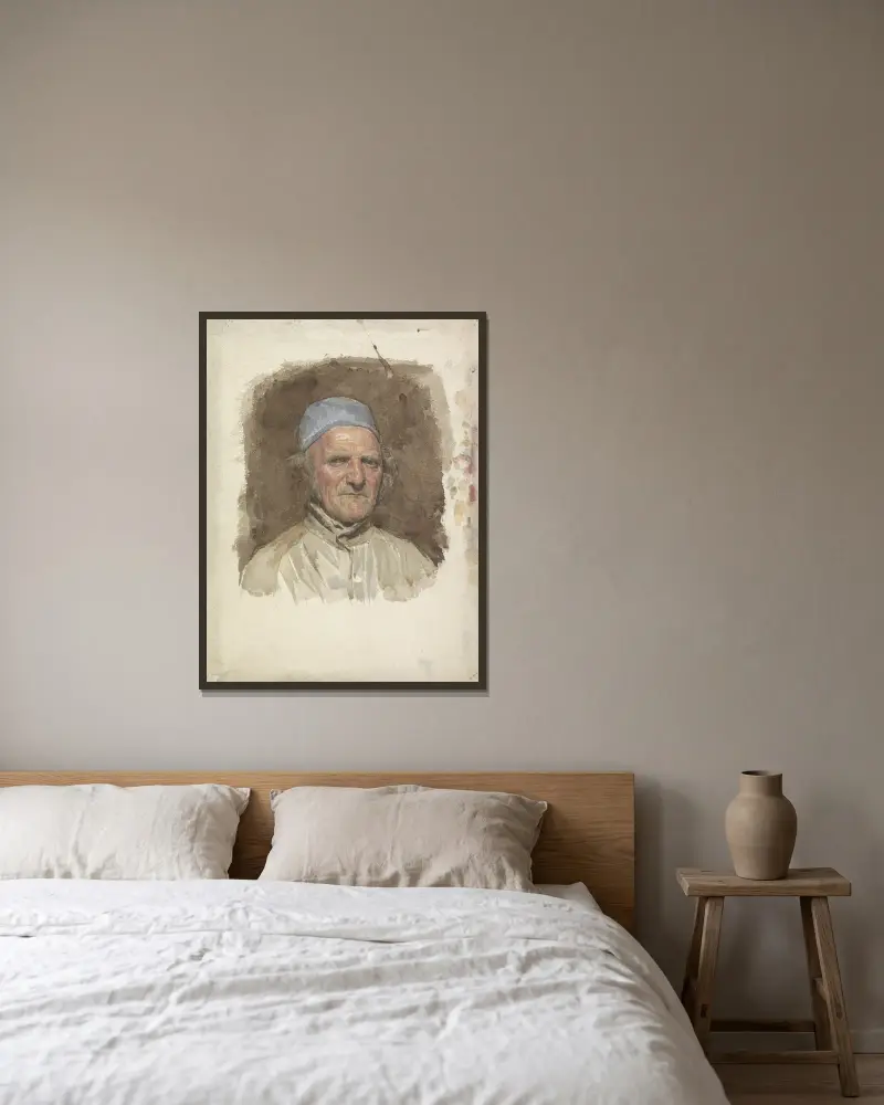 Mansportret, met blauwe muts av Jan Veth inramad på en vägg