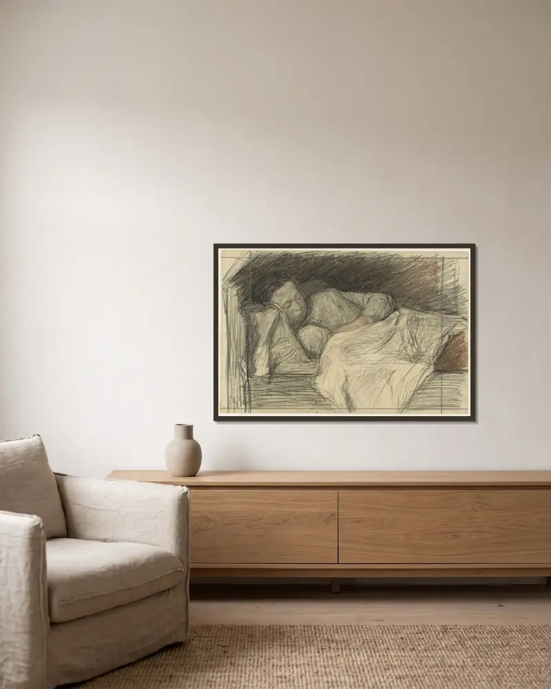 Mamma i säng med barn av Jan Veth inramad på en vägg
