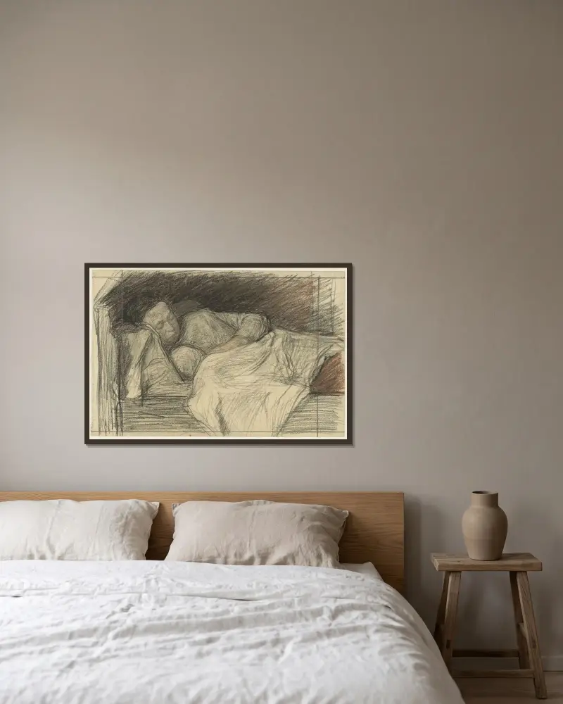 Mamma i säng med barn av Jan Veth inramad på en vägg