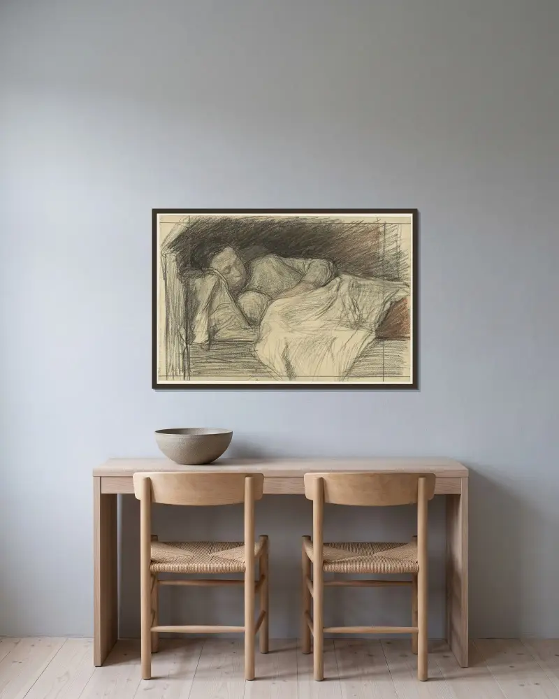 Mamma i säng med barn av Jan Veth inramad på en vägg