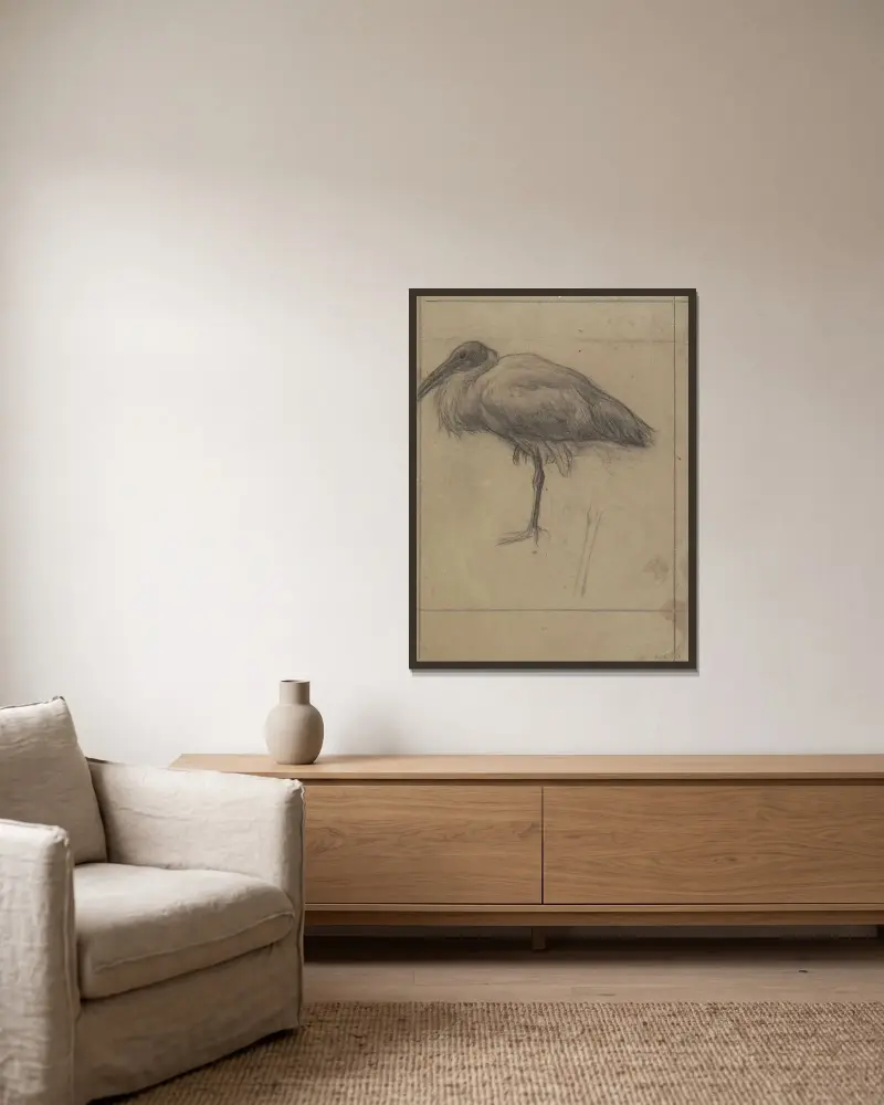 Ausgestopfter Ibis von Jan Veth gerahmt an einer Wand