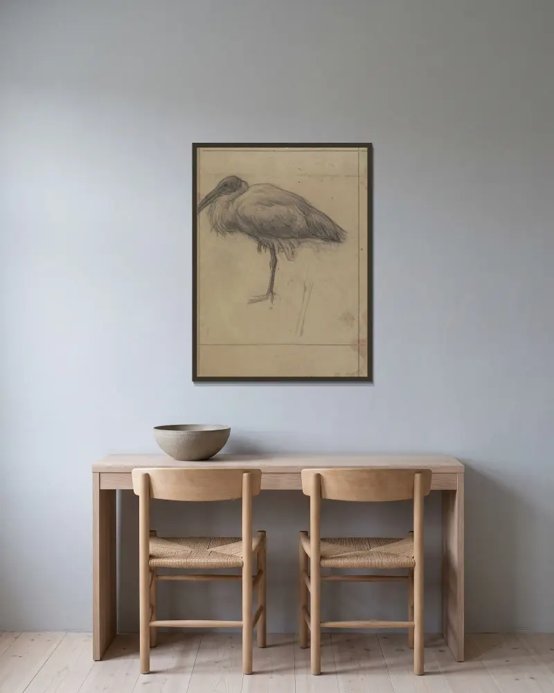 Ausgestopfter Ibis von Jan Veth gerahmt an einer Wand