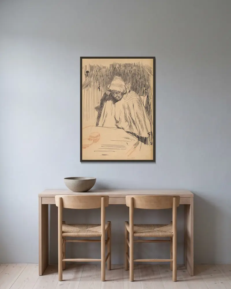 Oude vrouw aan tafel (Malle Teun) av Jan Veth inramad på en vägg