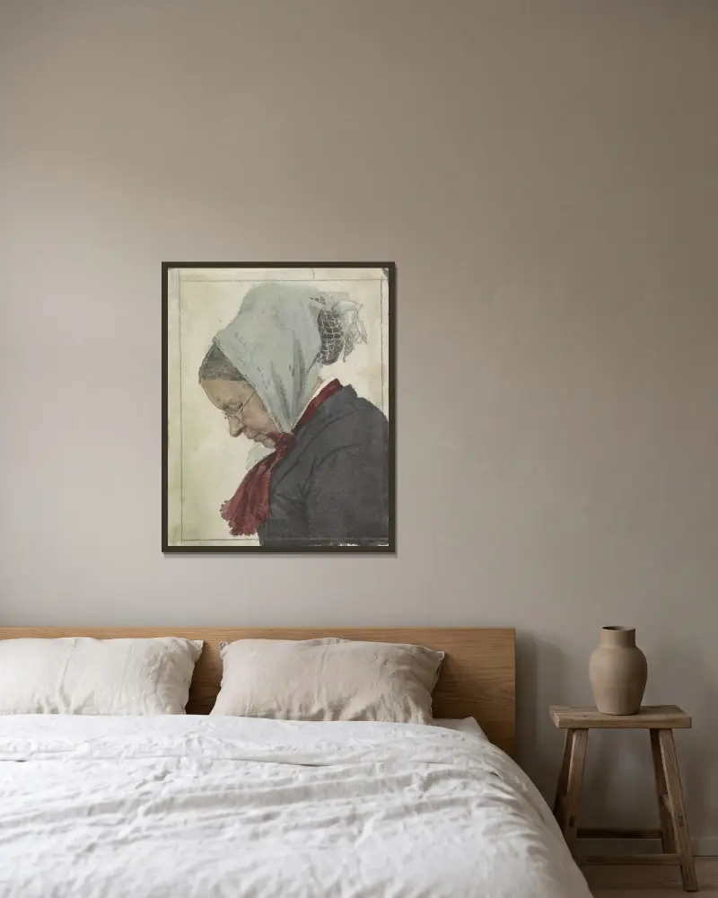 Gammal kvinna med huvudduk och röd sjal av Jan Veth inramad på en vägg