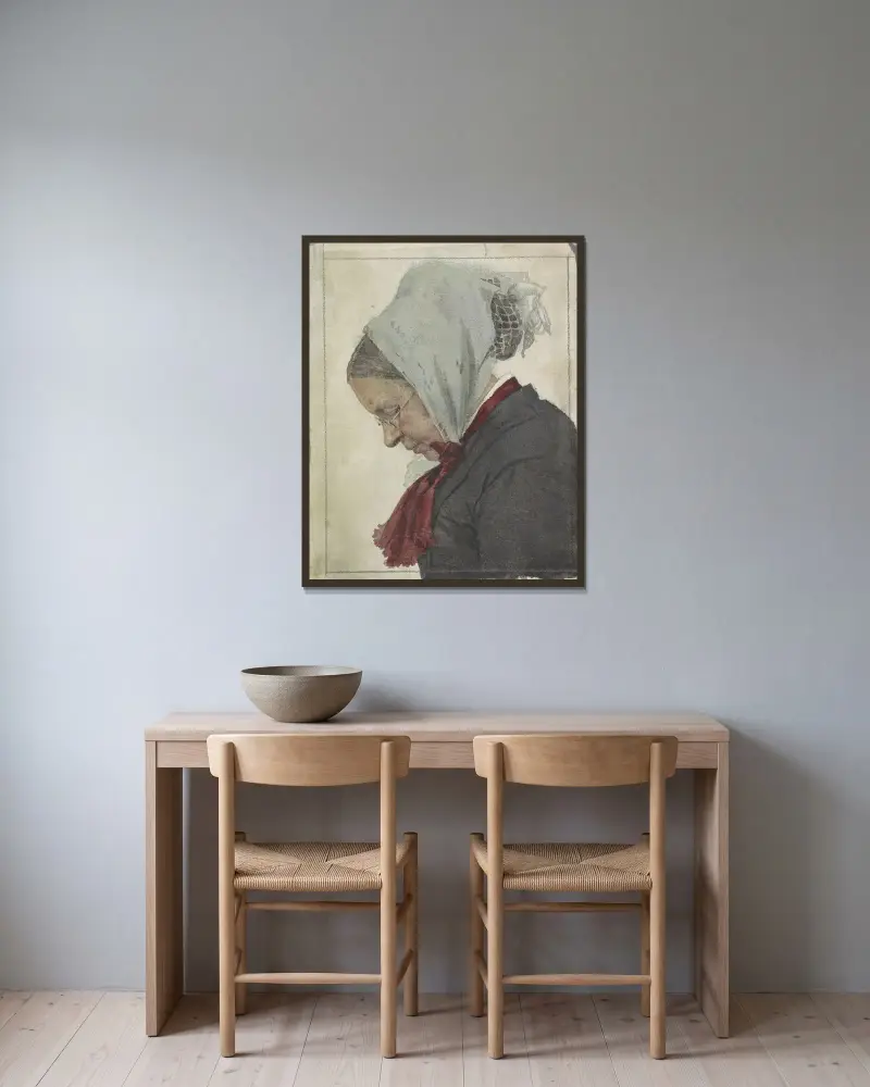 Gammal kvinna med huvudduk och röd sjal av Jan Veth inramad på en vägg