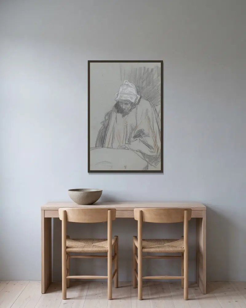 Äldre kvinna sittande vid ett bord, huvudet framåtböjt av Jan Veth inramad på en vägg