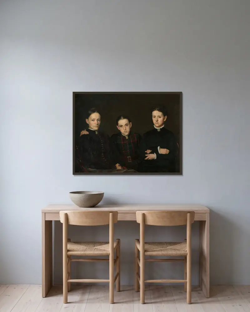 Portrait of Cornelia, Clara and Johanna Veth av Jan Veth inramad på en vägg