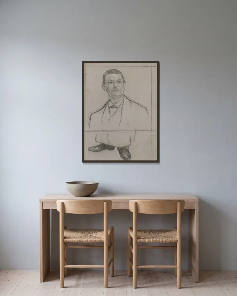 Portret en voeten van de ober Johan uit de Poort van Cleve av Jan Veth inramad på en vägg