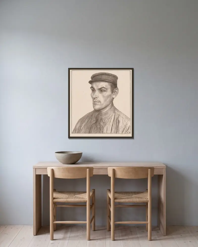 Porträtt av Adrianus Ravestein av Jan Veth inramad på en vägg