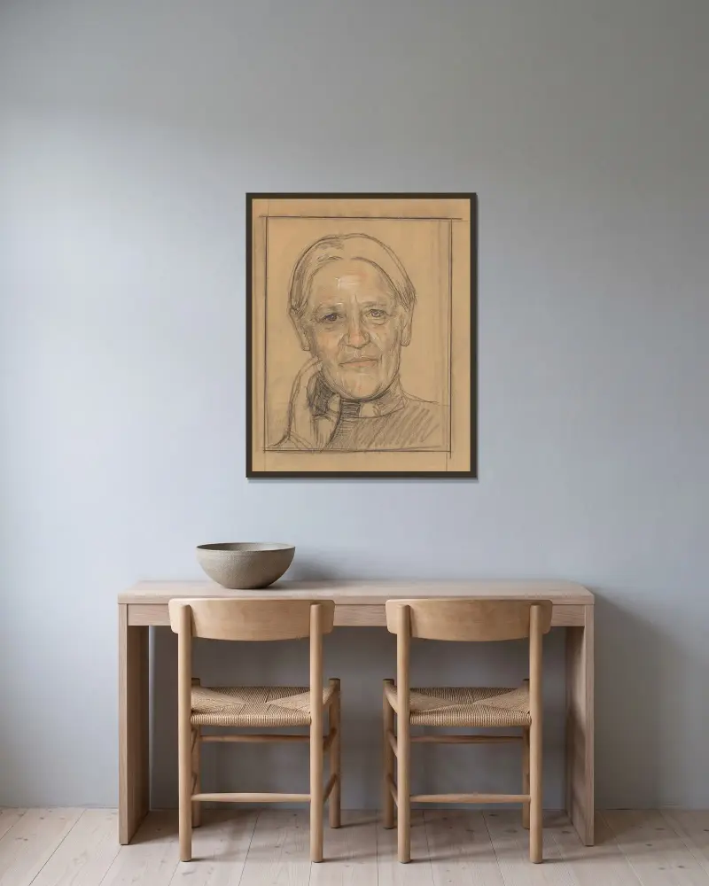 Porträtt av Barendina Hermina Muhring av Jan Veth inramad på en vägg