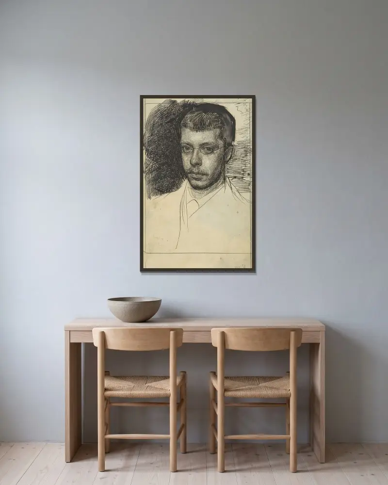 Porträtt av Ch. M. van Deventer av Jan Veth inramad på en vägg