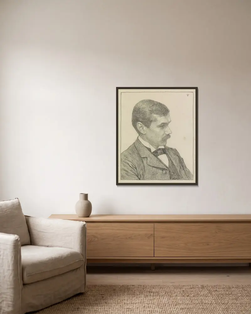 Porträtt av författaren Frederik Willem van Eeden av Jan Veth inramad på en vägg