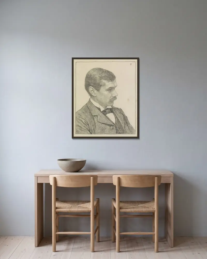 Porträtt av författaren Frederik Willem van Eeden av Jan Veth inramad på en vägg