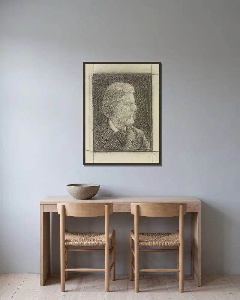 Porträtt av författaren Jacques Fabrice Herman Perk, i profil av Jan Veth inramad på en vägg