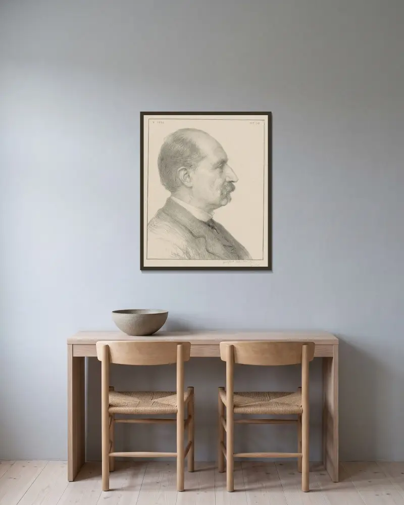 Porträtt av Diederik Johannes Korteweg av Jan Veth inramad på en vägg