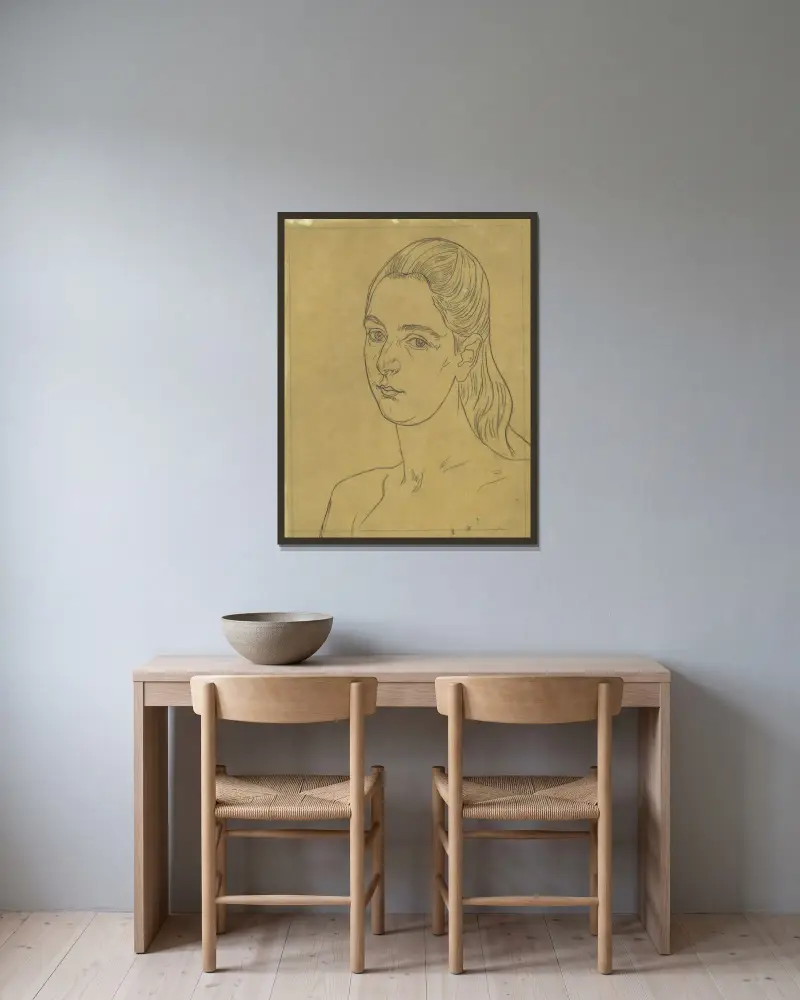 Porträtt av en ung kvinna av Jan Veth inramad på en vägg