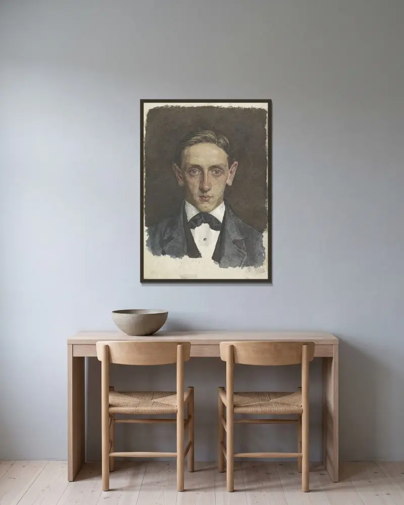 Porträtt av en ung man av Jan Veth inramad på en vägg