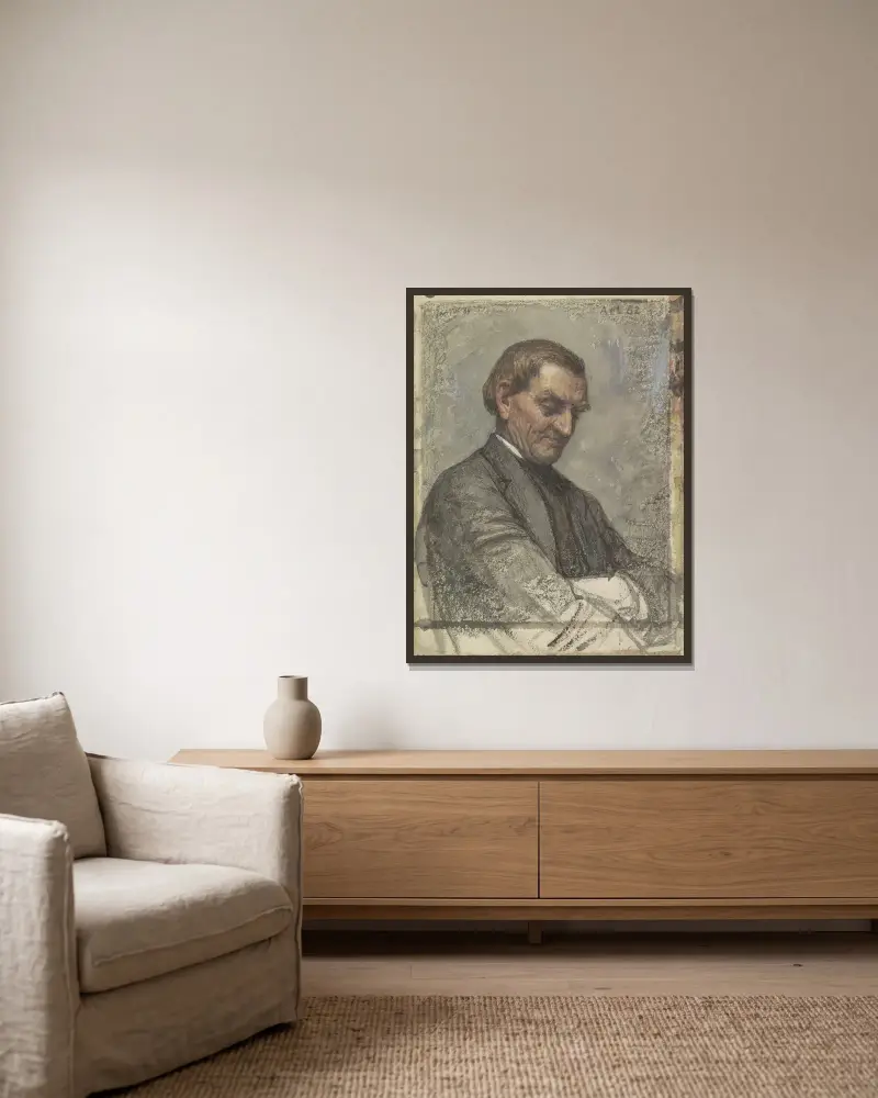 Portret van een man, met neergeslagen blik av Jan Veth inramad på en vägg